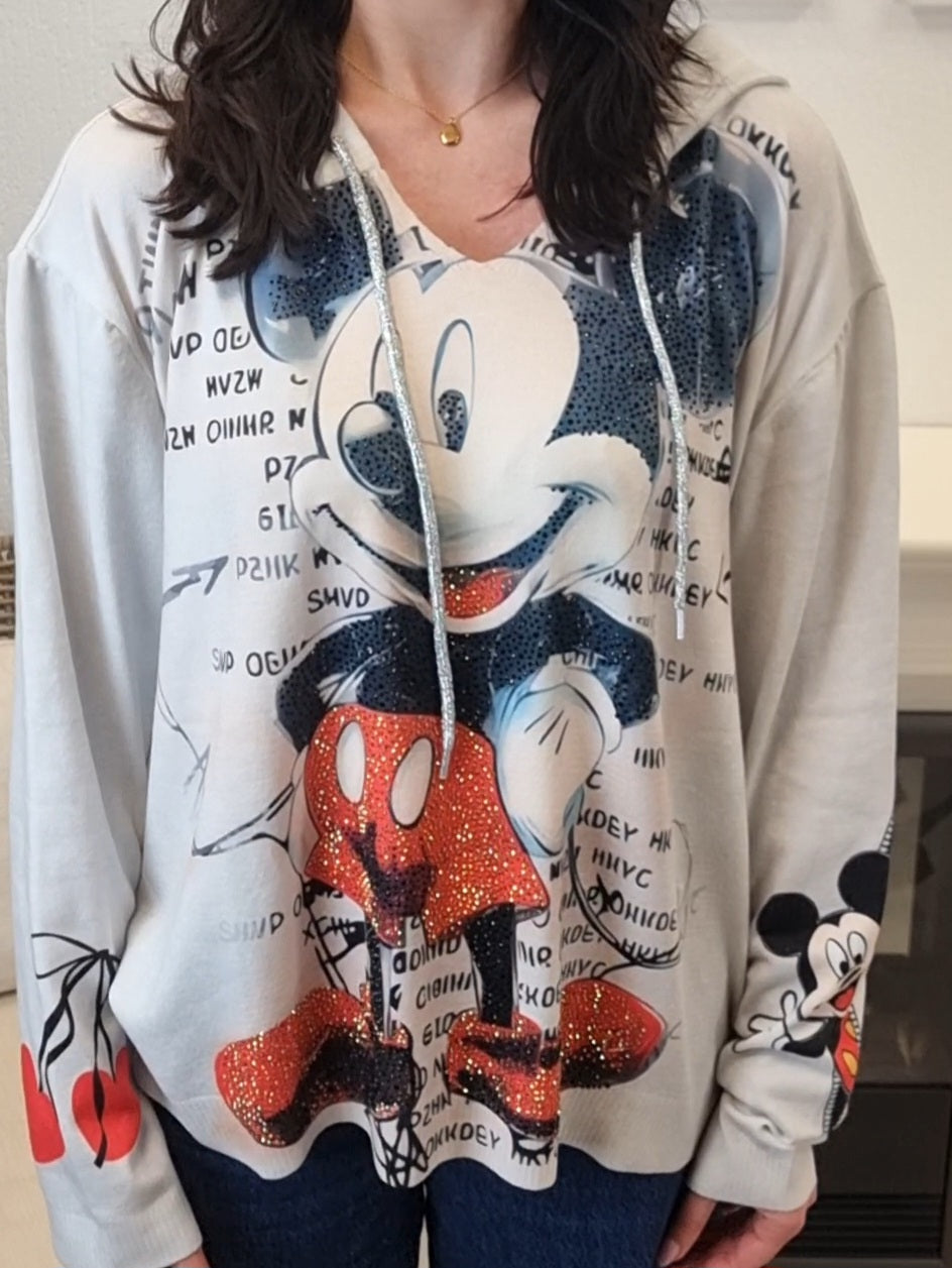 Edler dünner Kapuzenpulli Micky Maus mit Glitzersteinchen