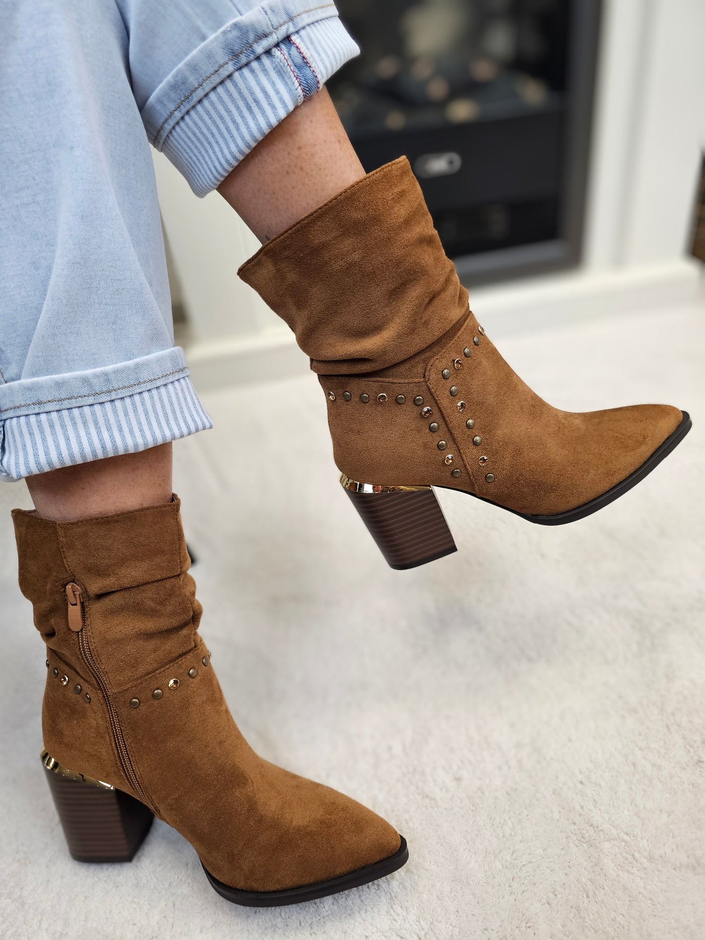 Stiefelette, Cowboystiefel Camel mit Nieten