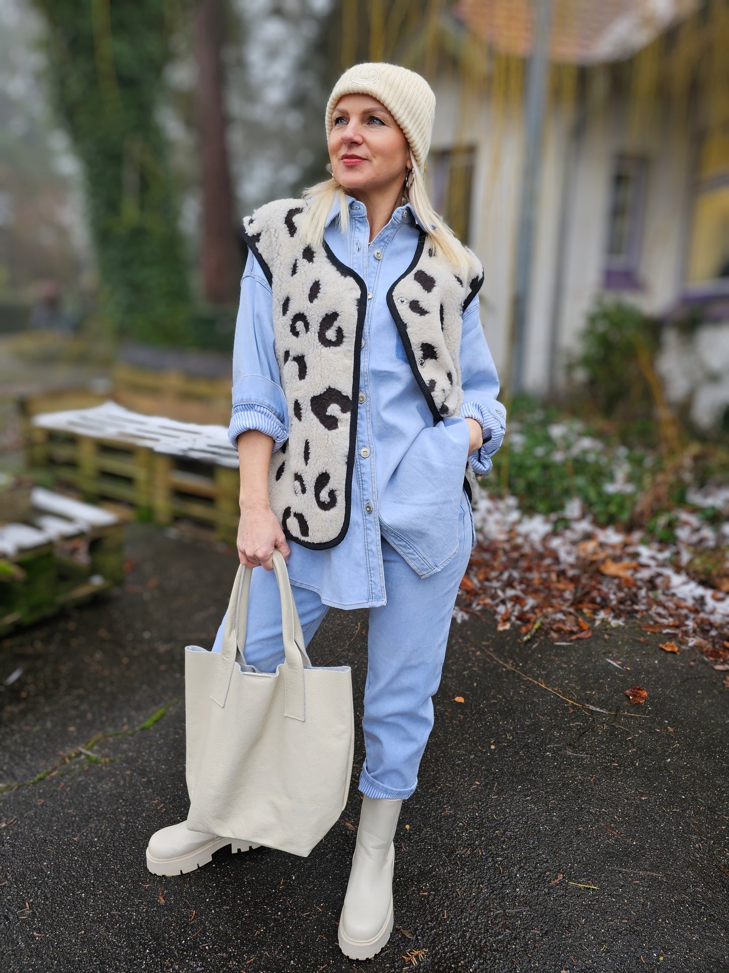 Lange Jeansjacke Jeansbluse mit Streifen in Hellblau DY906