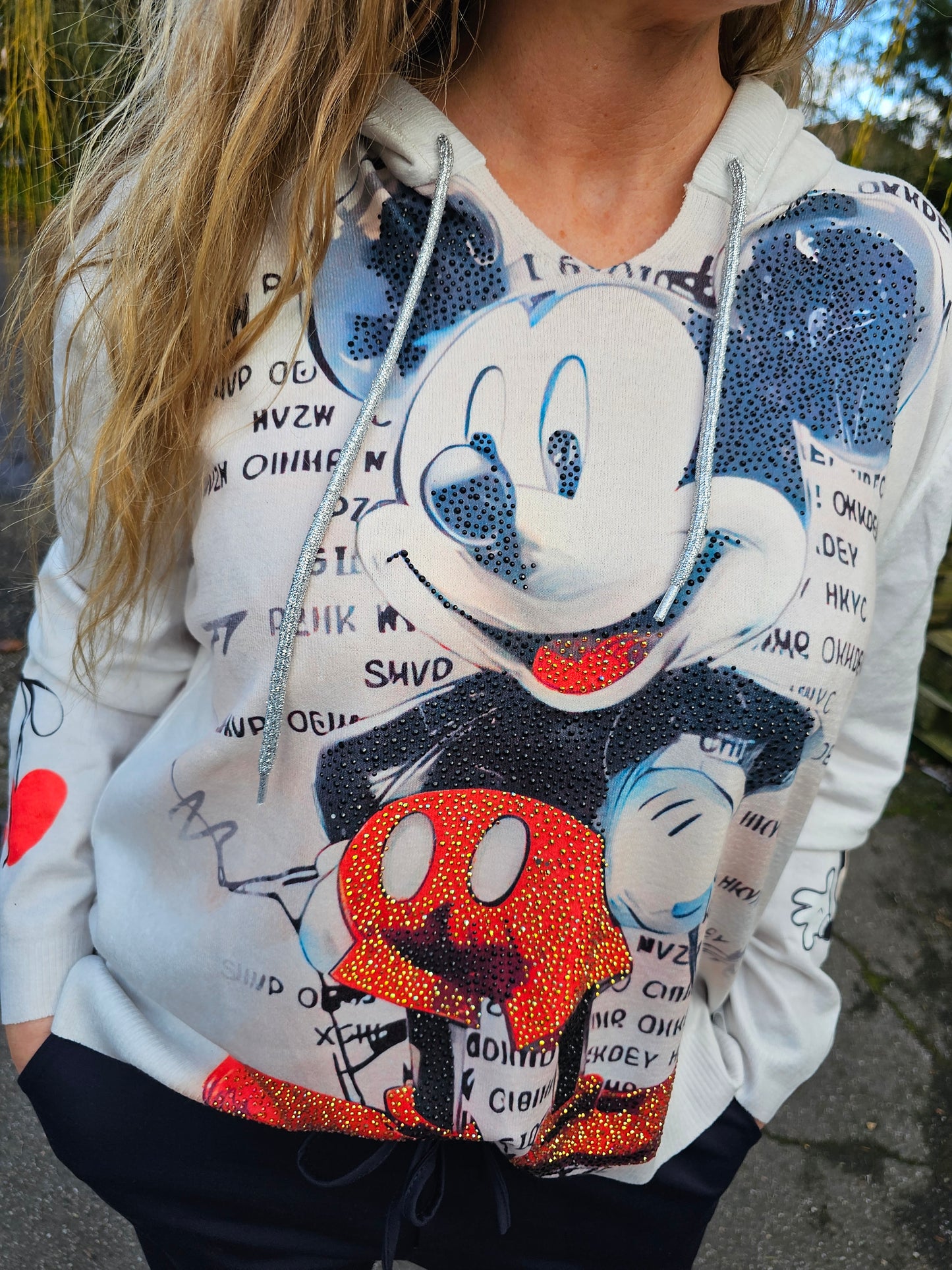 Edler dünner Kapuzenpulli Micky Maus mit Glitzersteinchen