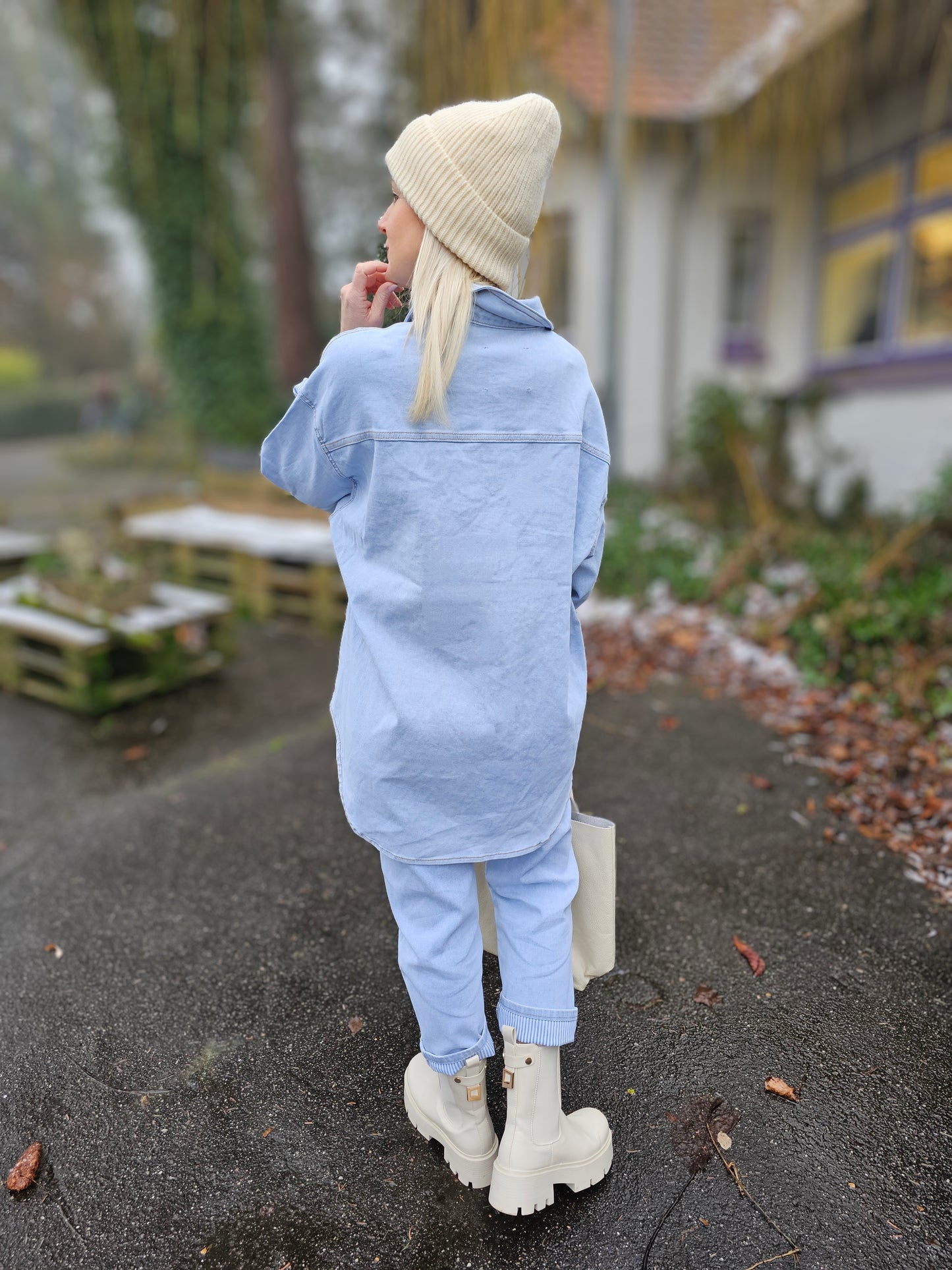 Lange Jeansjacke Jeansbluse mit Streifen in Hellblau DY906