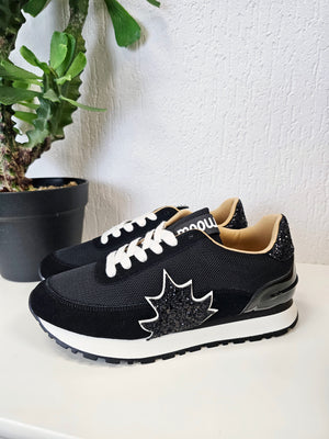 Stylische Schwarze Sneaker Moow mit Glitzerndem Ahorn-Blatt