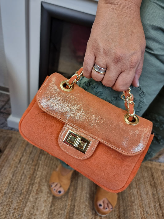 Handtasche Wildleder mit Goldketten und Glitzer in verschiedenen Farben