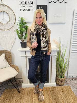 Edles Tuch/Schal in Beige-Schwarz mit FF-Muster