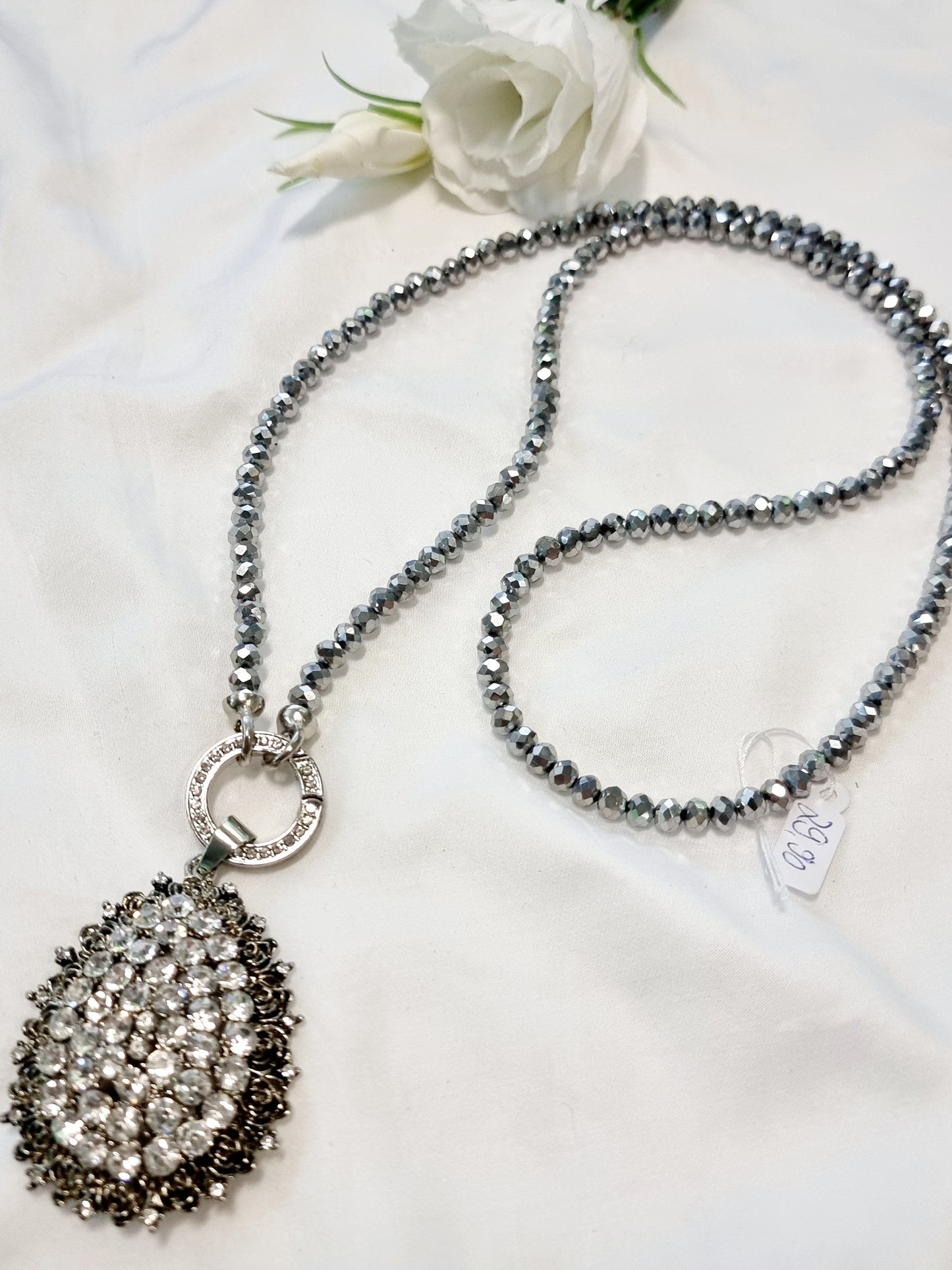 Vario Halskette Silber Kistallperlen mit Tropfen-Anhänger Glitzer