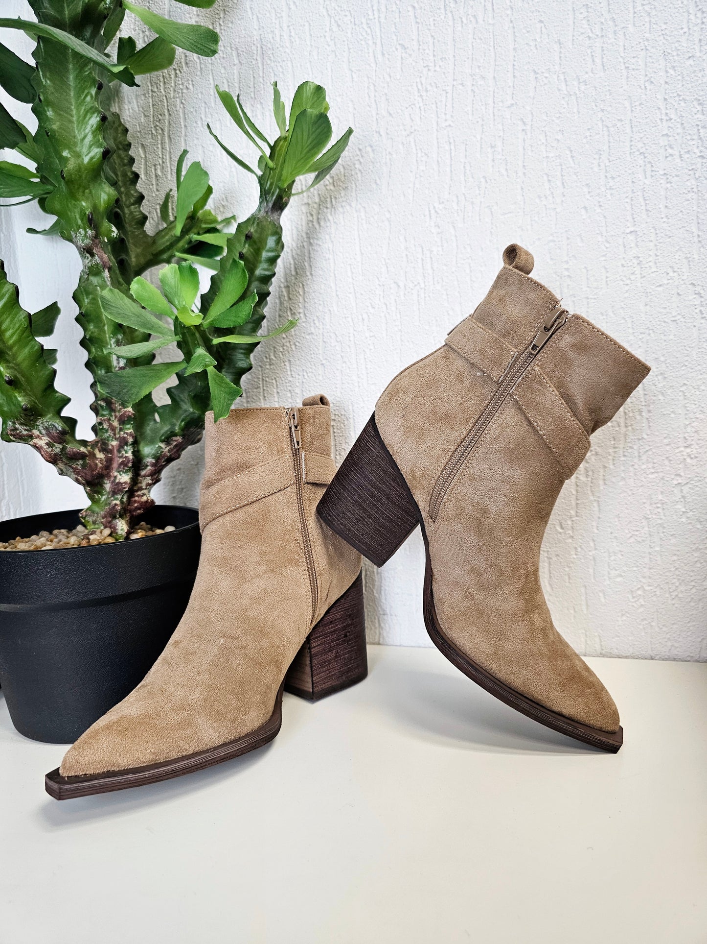 Niedrige Biker-Boots/Stiefel mit Gürtelschnalle und Absatz in Taupe