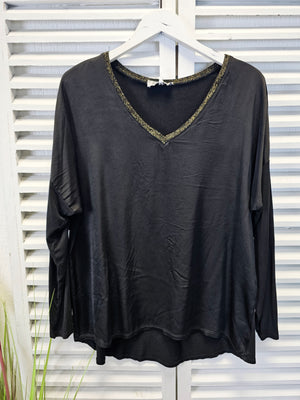 Blusenshirt aus Seide mit glitzerndem V-Ausschnitt in verschiedenen Farben