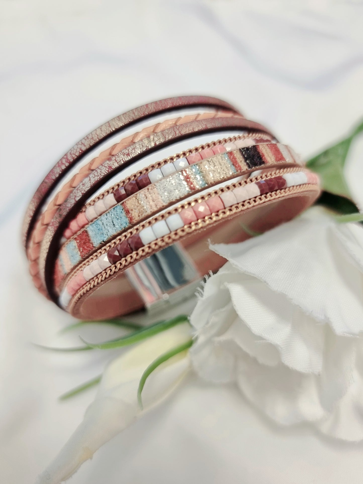 Lederarmband Mehrreihig mit Magnetverschluß in Braun/Türkis BOHO