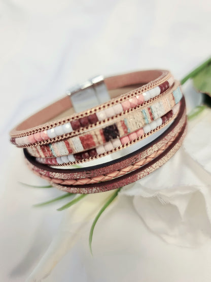 Lederarmband Mehrreihig mit Magnetverschluß in Braun/Türkis BOHO