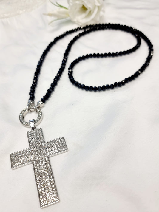 Vario Halskette Schwarz Kistallperlen mit Kreuz-Anhänger Glitzer