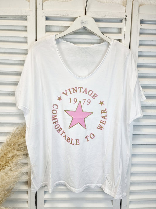 Weißes T-Shirt mit rosa glitzerndem Sternen-Print