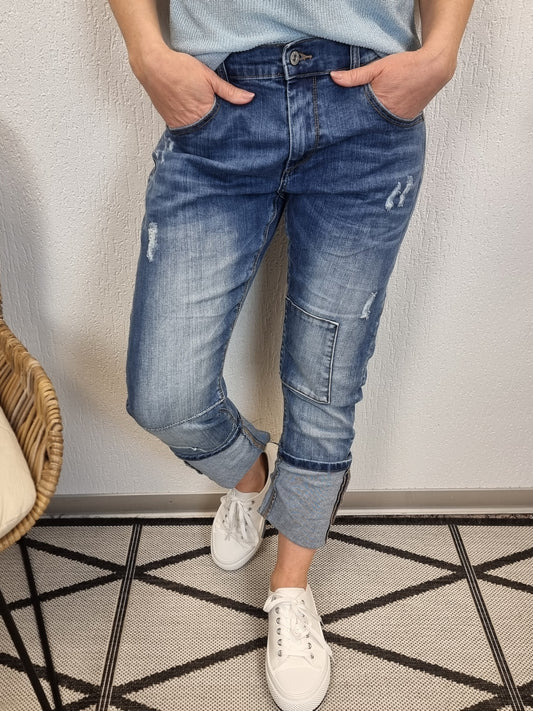 Dunkelblaue Baggy Boyfriend Umschlag Patches Jeans Risse H3764