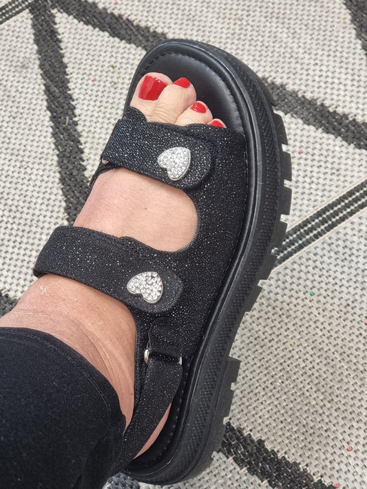 Schwarze Glitzer Sandale mit Klettverschluss