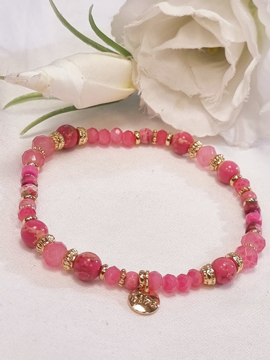Armband Biba - Pinktöne/Gold aus Natursteinen, Glasperlen und Kunststoffperlen