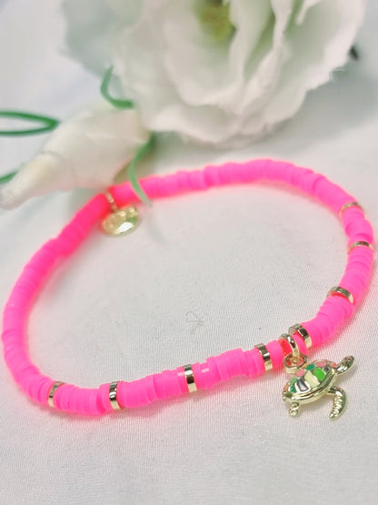 BIBA Neonfarbiges Perlenarmband aus Katsuki Perlen mit Glasperle und Schildkröte rosa