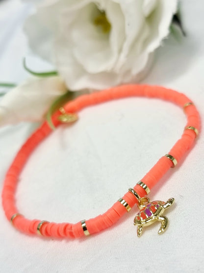 BIBA Neonfarbiges Perlenarmband aus Katsuki Perlen mit Glasperle und Schildkröte orange