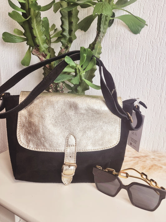 Wildledertasche in Schwarz/Gold und in Grüntönen