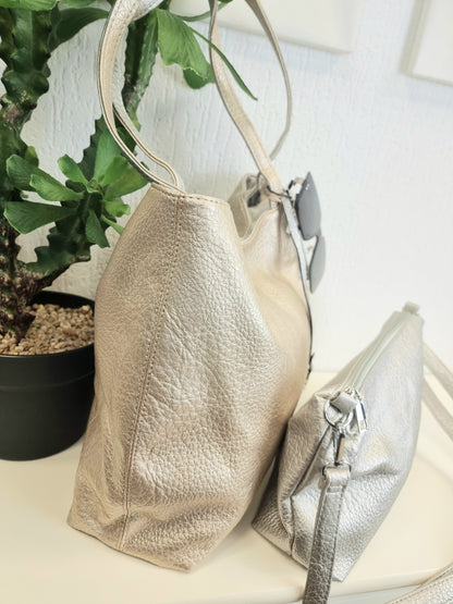 Wendetasche, Gold und Silber Shopper Tasche, Handtaschen Set, Bag in Bag, Schultertasche