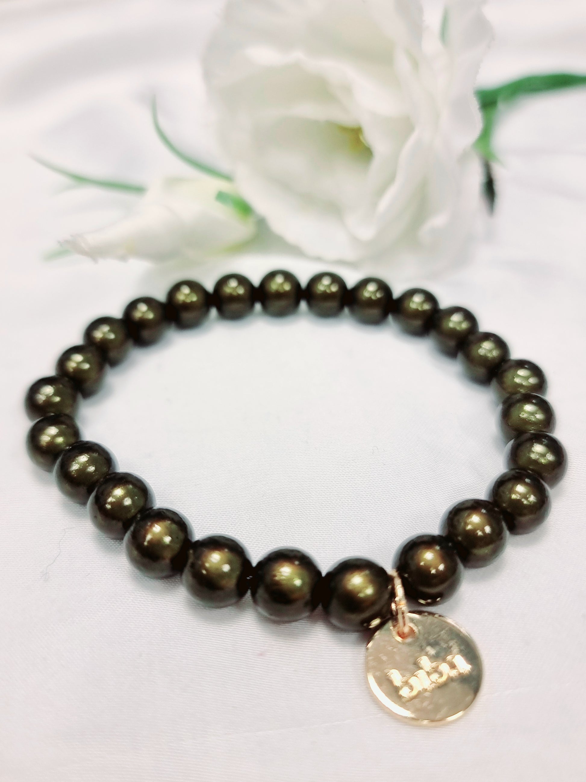Armband Biba - fluoreszierende Perlen dunkles Khaki 8 mm