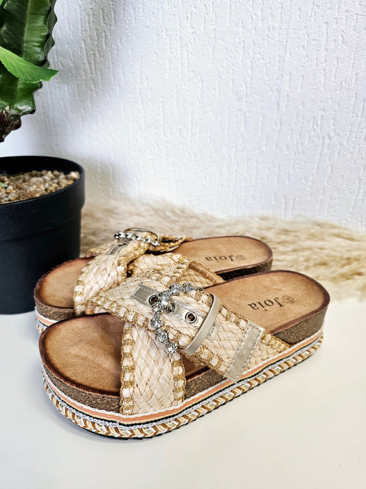 Boho Korb Sandalen  Pantolette mit Plateau-Absatz in Beige