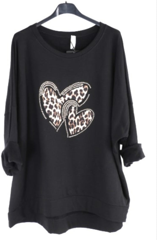 Dünnes Sweatshirt in Schwarz mit Leoherz Plussize