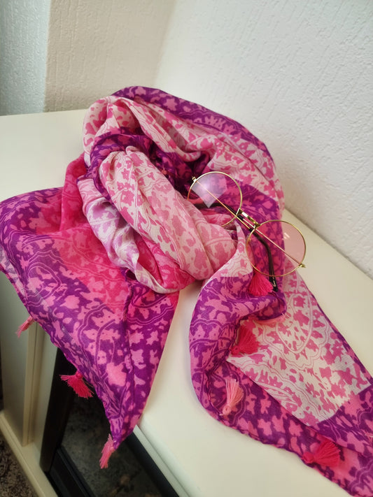 Dünnes Tuch / Schal mit Pinken Paisley und Quasten