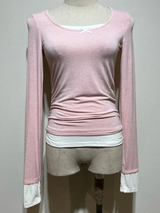 Dünnes romantisches Shirt 2-teilig Langarm Rosa/Weiss 2-in-1-Shirt in elastischer Qualität