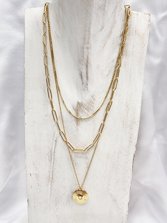 Edelstahlkette Gold 3-Reihig mit kleinem Sonnenanhänger
