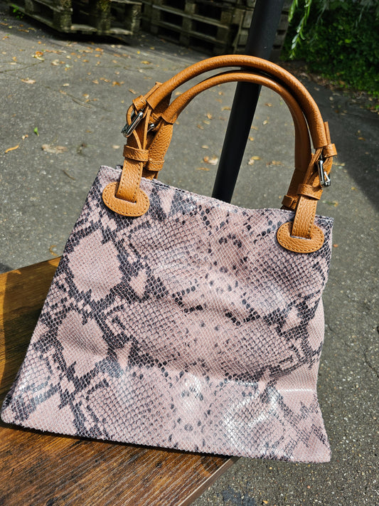 Handtasche Echtleder mit Schlangenmuster in Rosa-Camel