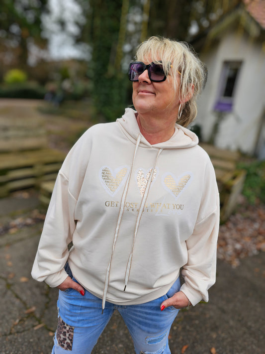Kapuzensweatshirt in Beige Gold mit Herzen Plussize, Oversize, Hoodie