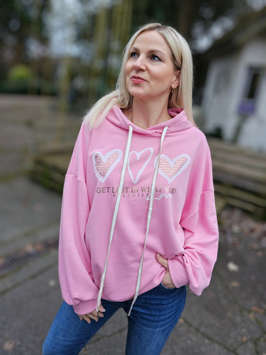 Kapuzensweatshirt in Rosa Gold mit Herzen Plussize, Oversize, Hoodie