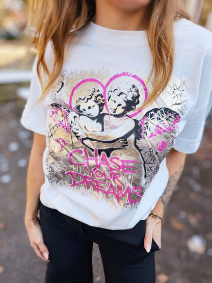Kurzarm T-Shirt Engel weiss mit Schriftzug CHASE YOUR Dreams