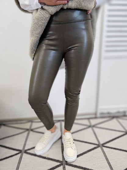 Leggings Lederoptik gefüttert Khaki