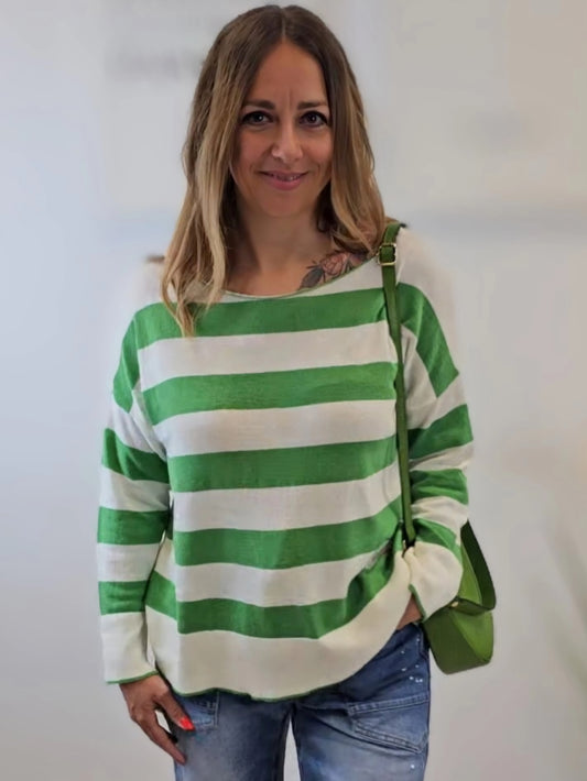 Leichter Feinstrickpullover mit Blockstreifen - in Grün/Weiss und Zitronengelb/Weiss