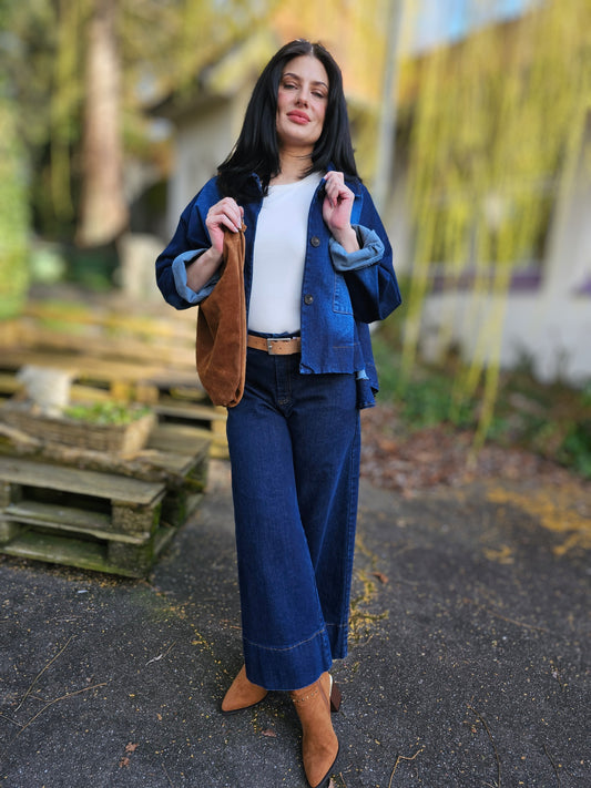 Marlenehose - Jeanshose Dunkelblau mit weitem Bein Wasabi