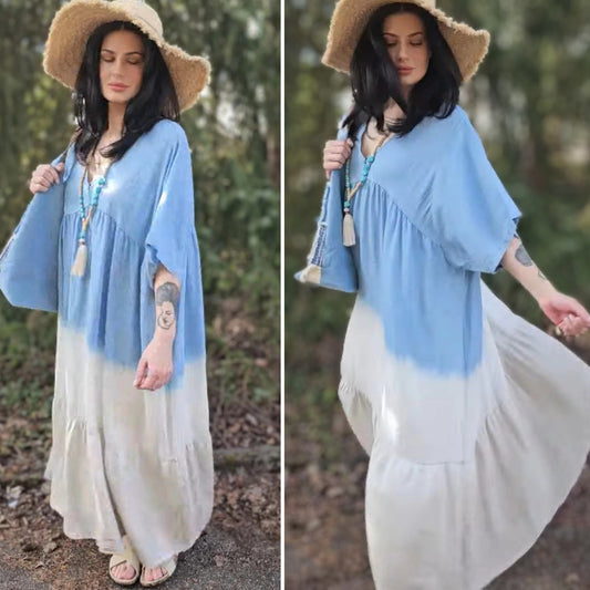 Maxikleid Boho-Chic Maxikleid im Jeanslook Stufenkleid passt bis Größe 46