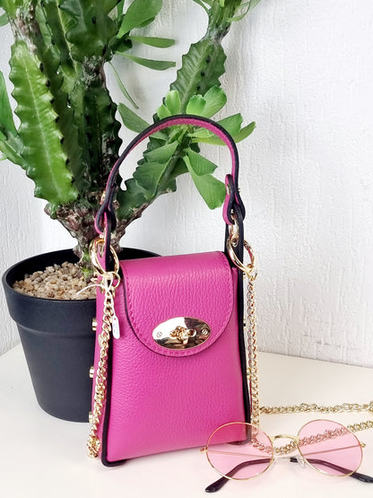 Mini-Handtasche aus echtem Leder Beige und Pink mit goldfarbenen Dreh-Verschluss und abnehmbarem Schulterriemen