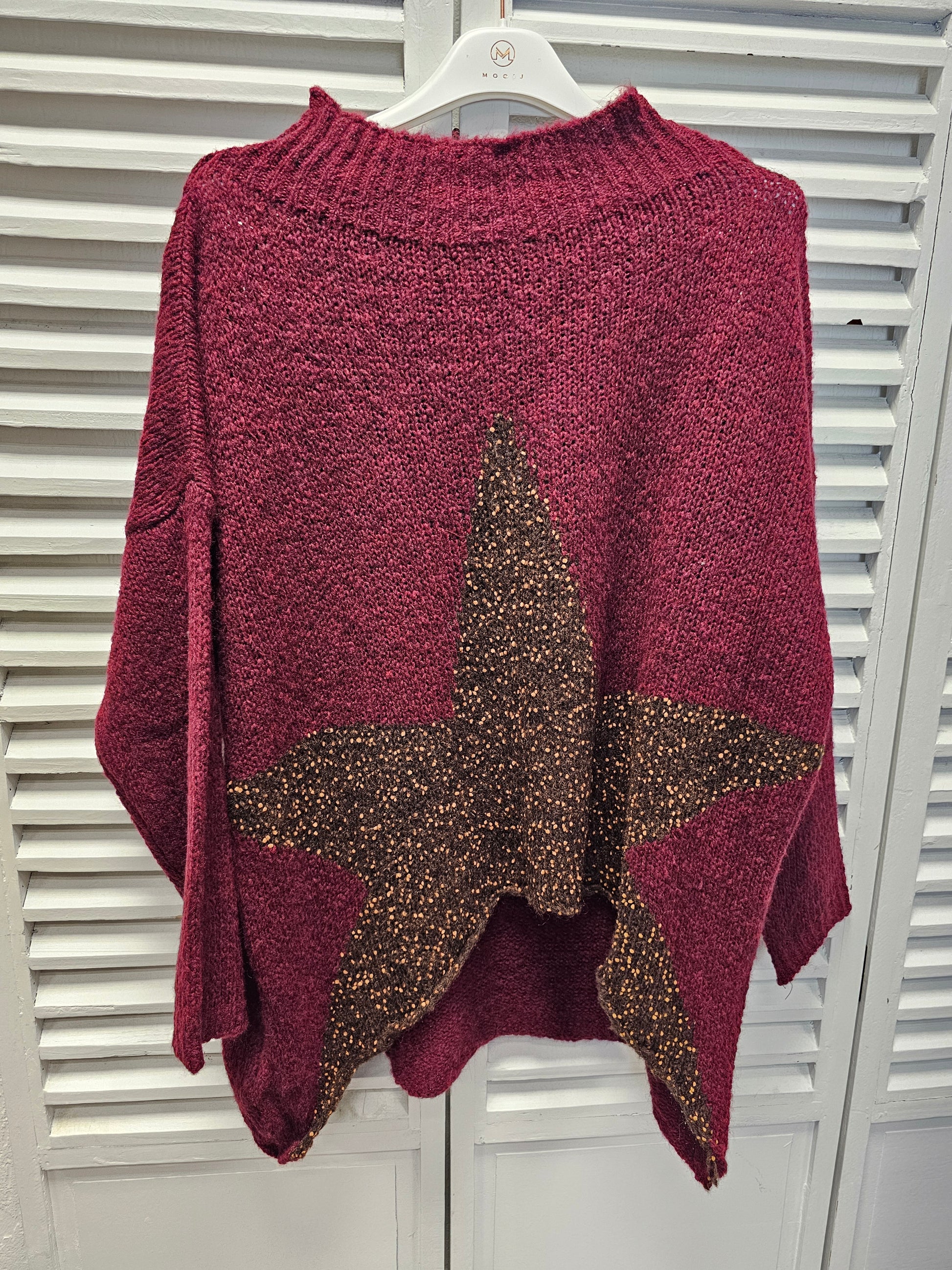 Oversize Strickpullover in Burgundy mit braunem Stern Größe 36-44