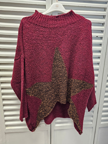 Oversize Strickpullover in Burgundy mit braunem Stern Größe 36-44