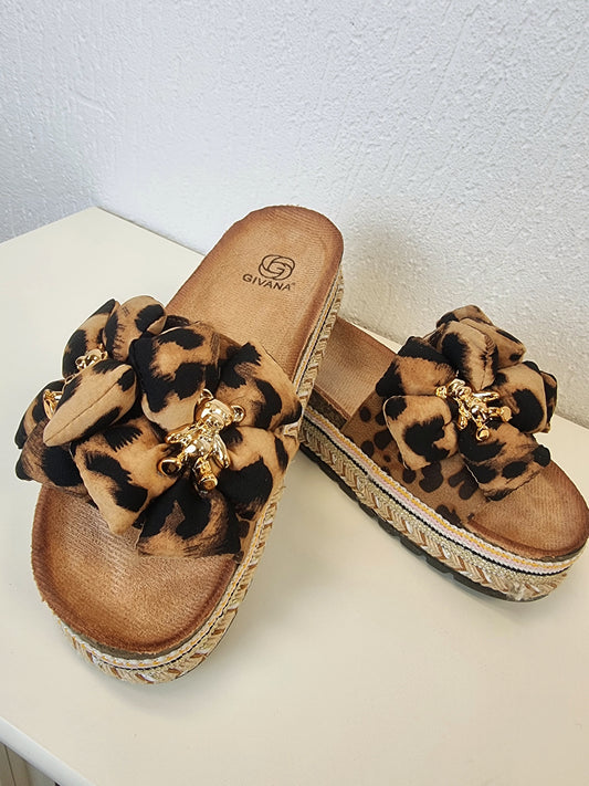 Pantolette Leo mit 2 kleinen Bär-StickerDamen Leoparden Muster Keil Sandalen mit dicker Sohle, Damen Pantoletten