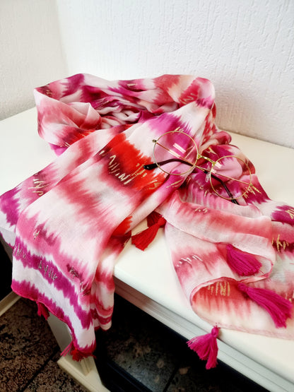 Pinkes Tuch mit Golddruck und mit Quasten , Bohotuch, Schal, Sommerschal
