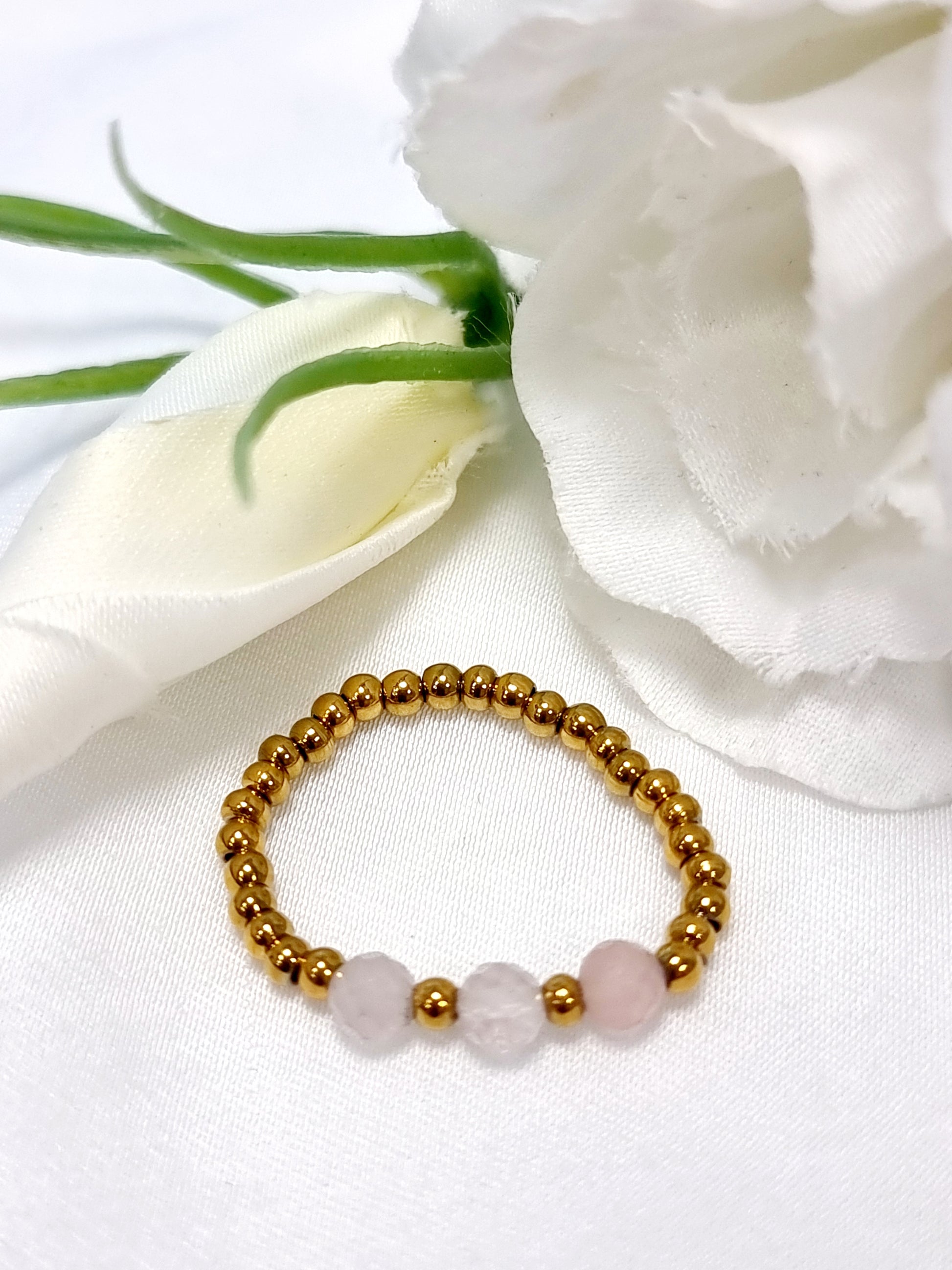Ring Biba - elastisch, Metall Gold mit Rosenquarz