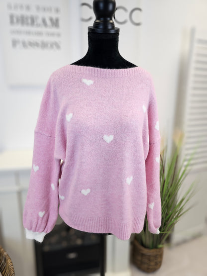 Strickpullover mit Herzen in Rosa-Weiß