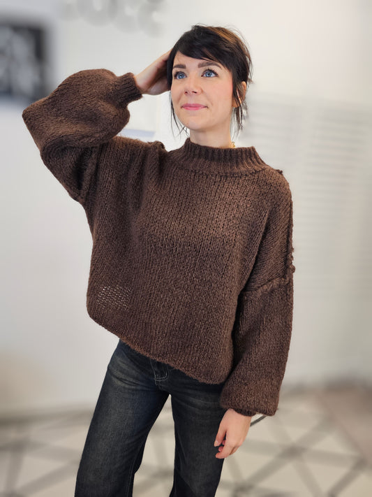 Strickpullover mit Stehkragen Kurz in Schokobraun Wolle
