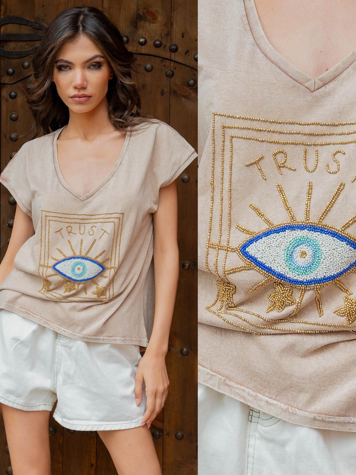Taupefarben T-Shirt mit V-Ausschnitt und Tank-Ärmeln Eye Trust Türkisches Auge Perlenstickerei Stonewash