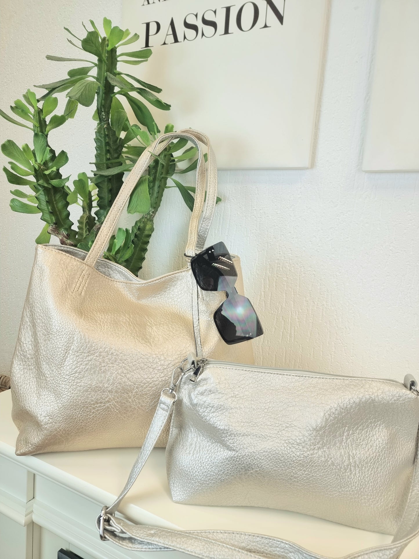 Wendetasche, Gold und Silber Shopper Tasche, Handtaschen Set, Bag in Bag, Schultertasche
