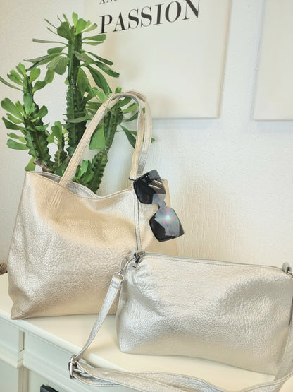 Wendetasche, Gold und Silber Shopper Tasche, Handtaschen Set, Bag in Bag, Schultertasche