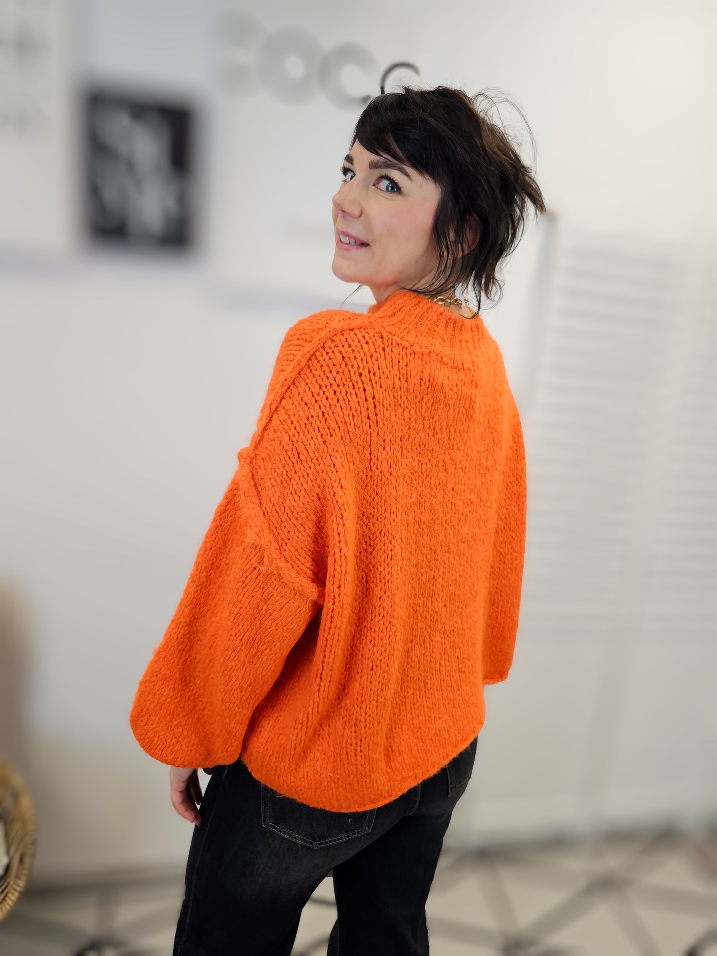 Strickpullover mit Stehkragen Kurz in Orange Wolle