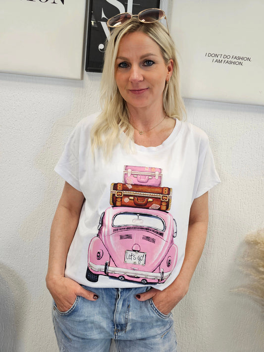 Weißes Oversized T-Shirt mit rosa farbenem Käfer-Car Print Hippie