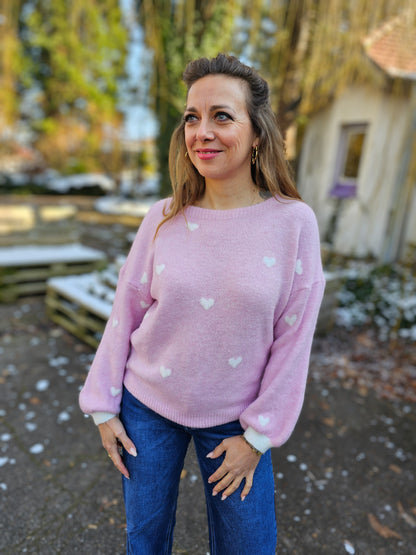 Strickpullover mit Herzen in Rosa-Weiß